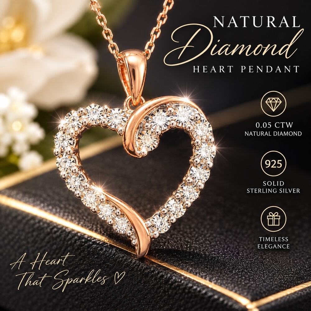 Natural Diamond Heart Pendant Necklace 0.05 CTW 925 Sterling Silver Rose Gold